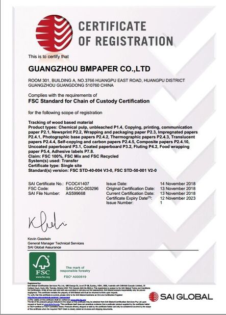 Chine GUANGZHOU BMPAPER CO., LTD. Certifications